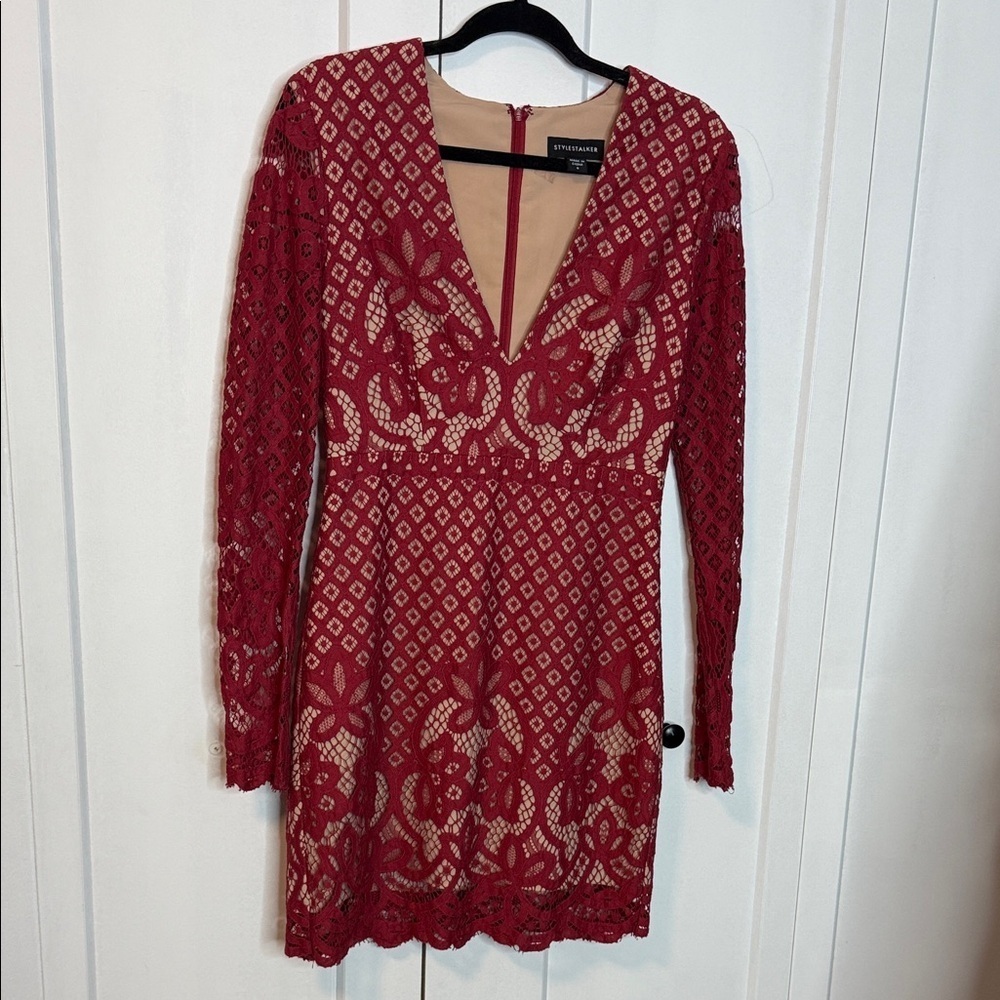 Style Stalker Red Lace Long Sleeve Dress - Small - scalloped bottom